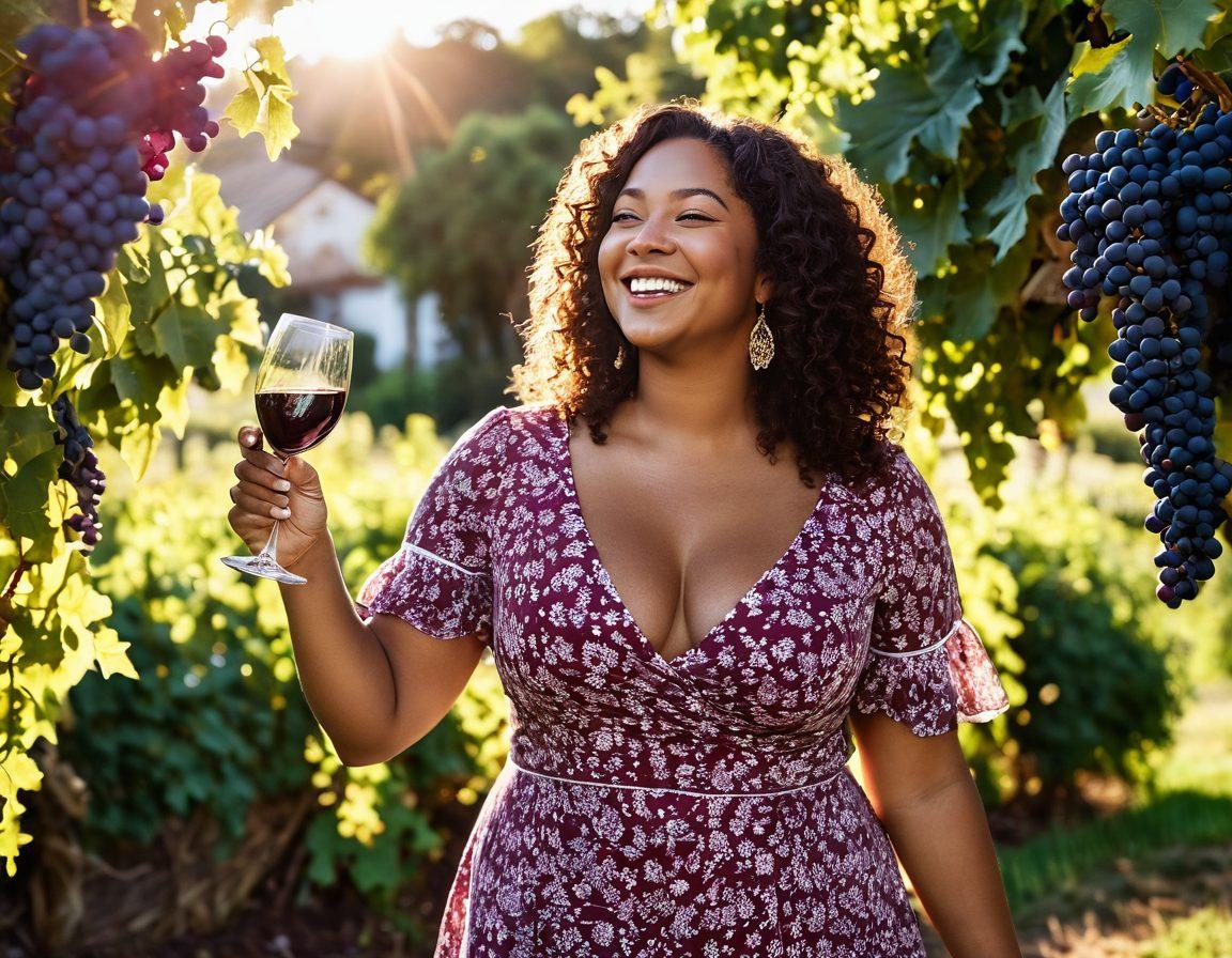 A joyful, curvy woman raising a glass of wine in a lush vineyard, surrounded by vibrant grape vines and soft, golden sunlight illuminating her smile. She wears a flowing summer dress that complements her curves, embodying body positivity. In the background, friends of diverse body types are laughing and enjoying a picnic with wine and cheese. The scene radiates happiness and celebration. vibrant colors. super-realistic. natural lighting.