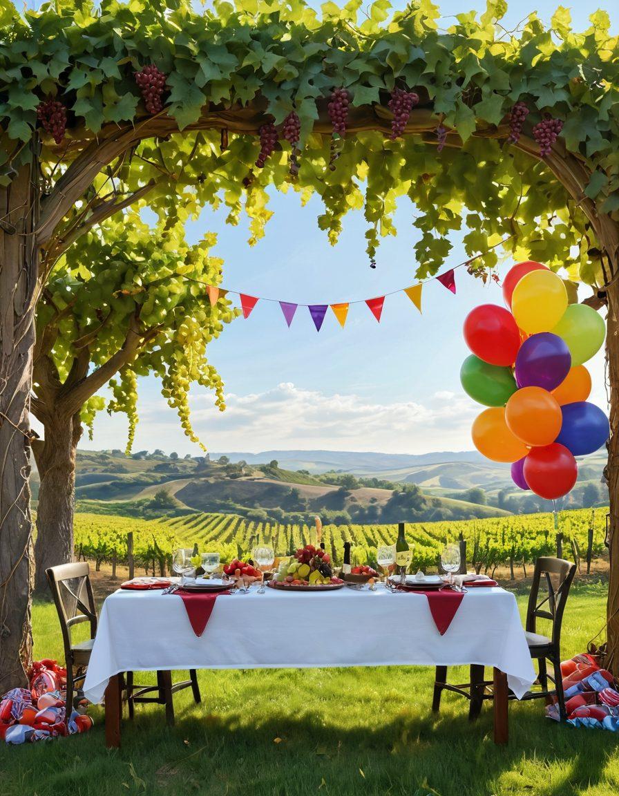 A vibrant vineyard scene showcasing lush, ripe grapes hanging from vines under a sunny sky, with a table set for a celebratory feast featuring wine glasses filled with red wine, surrounded by joyful friends raising their glasses in a toast. Incorporate elements of joy and gratitude, with colorful ribbons and balloons decorating the scene. The atmosphere should feel festive and warm, embodying the essence of celebration and joyful living. super-realistic. vibrant colors. 3D.