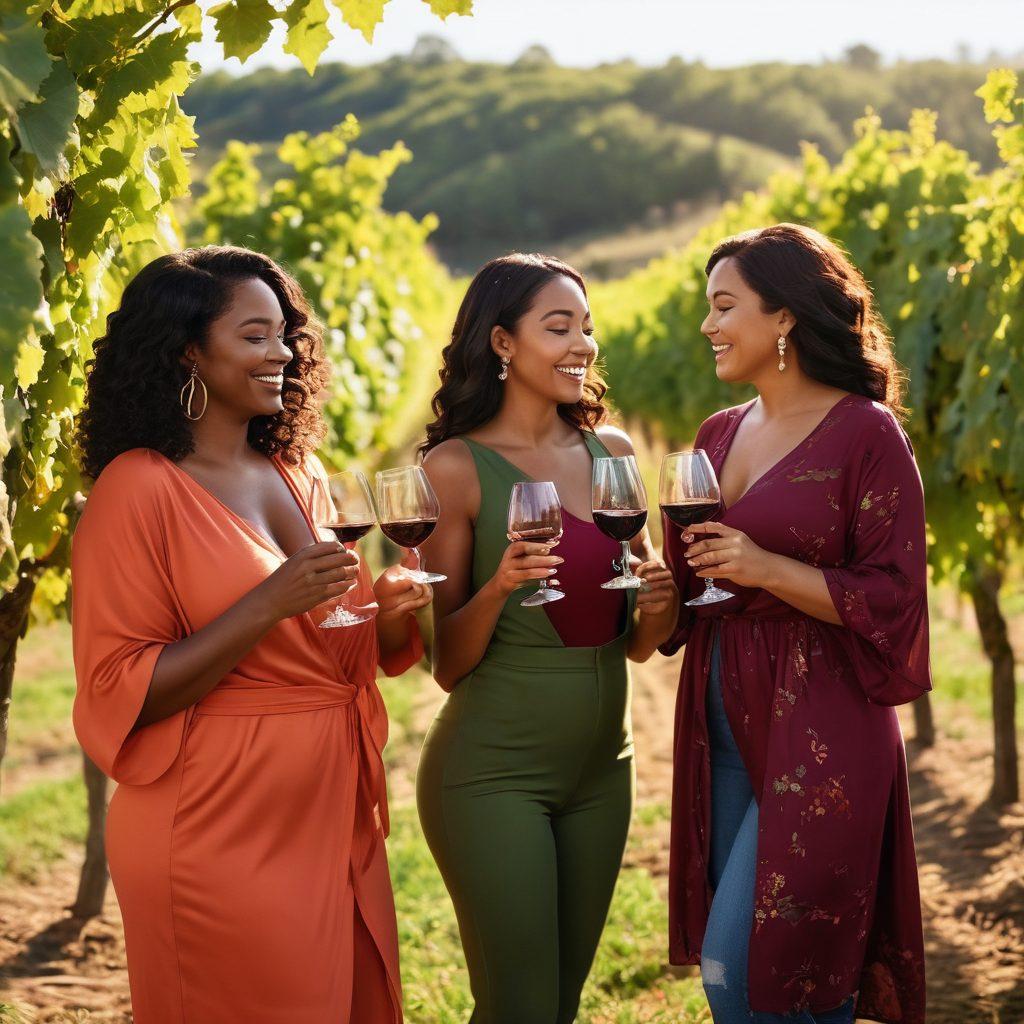 A celebratory scene showcasing diverse, confident individuals enjoying wine together in a sunlit vineyard. Include elements of body positivity such as unique body shapes, vibrant clothing, and laughter. Feature lush grapevines and glasses of wine, creating a sense of indulgence and joy. The atmosphere should feel warm and inviting, embodying blissful experiences. vibrant colors. super-realistic.
